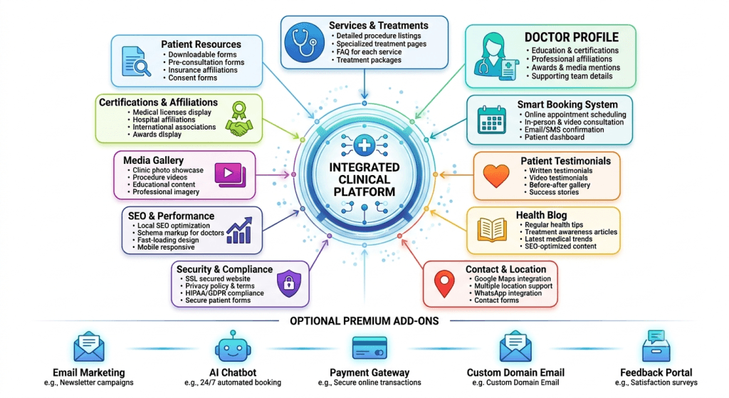 Infographic of an Integrated Clinical Platform with a central hub and connected modules (resources, profiles, booking, testimonials, blog, security, and more).